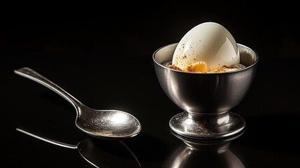  a silver bowl filled with ice cream next to a spoon and a spoon rest on a black surface with a black background.  generative ai