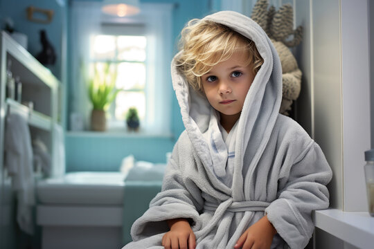 Boy In A Bathrobe At Home Getting Ready For Bed