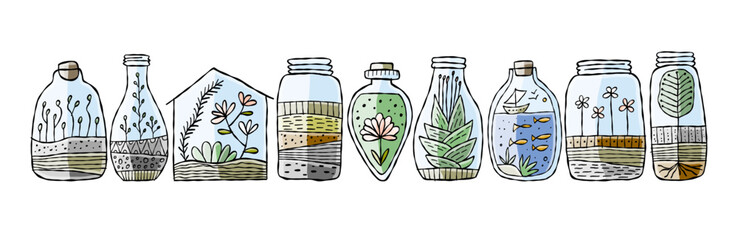 Florarium in bottle set with cactuses, succulents, leaves, branches, stones and seashells decoration on sand. Exotic small house plant, home miniature garden. Floral terrarium collection for your