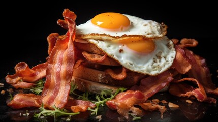  a pile of bacon and an egg on top of a pile of eggs on top of a pile of bacon.  generative ai