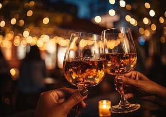 Group of friends drinking wine in celebration, holiday lights in the background