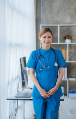 Doctor and patient sitting and talking at medical examination at hospital office, close-up....