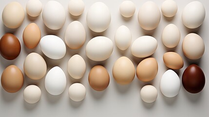  a group of eggs sitting next to each other on top of a white surface with one brown egg in the middle of the group.  generative ai