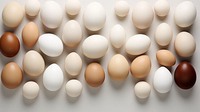  a group of eggs sitting next to each other on top of a white surface with one brown egg in the middle of the group.  generative ai