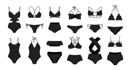 Set of women's swimwear, swimsuits on a white background. Women's clothing icons, black silhouette, vector - obrazy, fototapety, plakaty