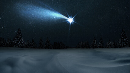 Christmas night. The first star lit up in the winter forest with snow and the night starry sky. Christmas Eve concept. Comet falls in the starry night sky 2024 - obrazy, fototapety, plakaty