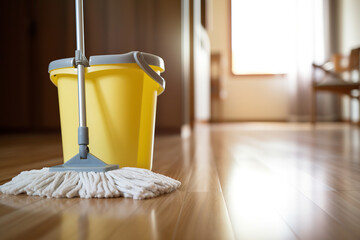 Close up view of mop and yellow bucket on parquet floor of room. Housekeeping, cleaning concept