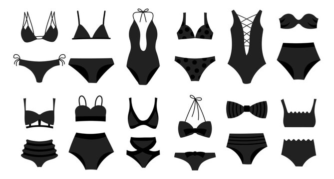 Set of women's swimwear, swimsuits on a white background. Women's clothing icons, black silhouette, vector