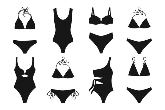 Set of women's swimwear, swimsuits on a white background. Women's clothing icons, black silhouette, vector