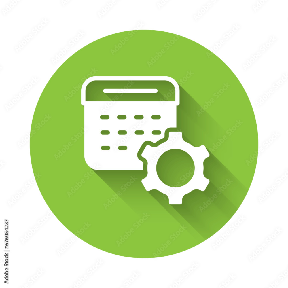 Poster white calendar settings icon isolated with long shadow background. date settings. green circle butto