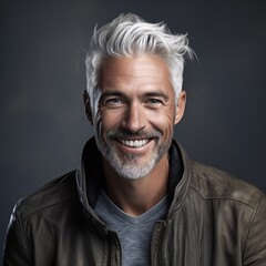 Obraz premium smiling gray man with silver hair, youthful energy, minimalistic approach, smooth surface