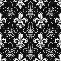 Geometric black and white pattern with fleur de lis symbol. Diagonal square grid. Illustration for Mardi Gras carnival. Vintage illustration for prints, clothing, holiday, surface design © OA_Creation