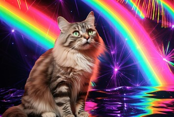 cat is seeing its reflection in rainbow beam, pop art parody, absurd doodle, nintencore