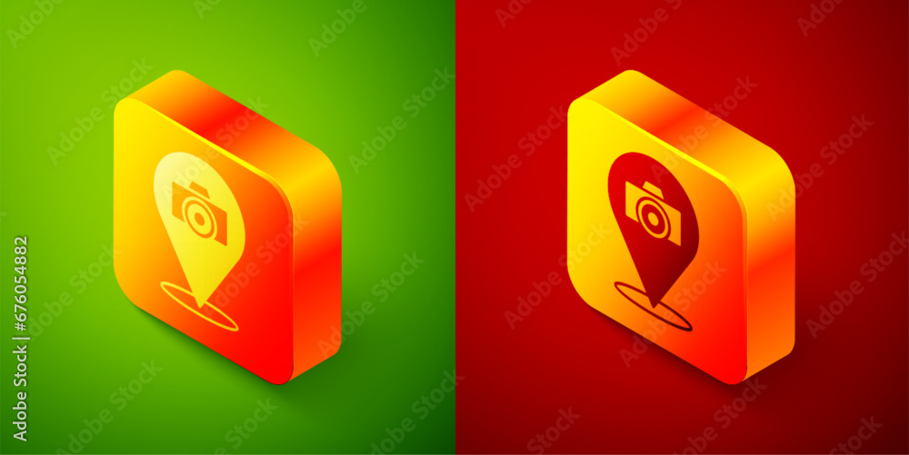 Sticker isometric photo camera icon isolated on green and red background. foto camera. digital photography. 