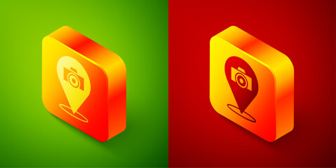 Isometric Photo camera icon isolated on green and red background. Foto camera. Digital photography. Square button. Vector