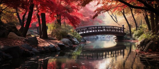 In autumn it is a delight to travel to a park in China where the beautiful Chinese bridge gracefully stretches over a serene pond adorned with vibrant maple leaves This UNESCO World Heritage