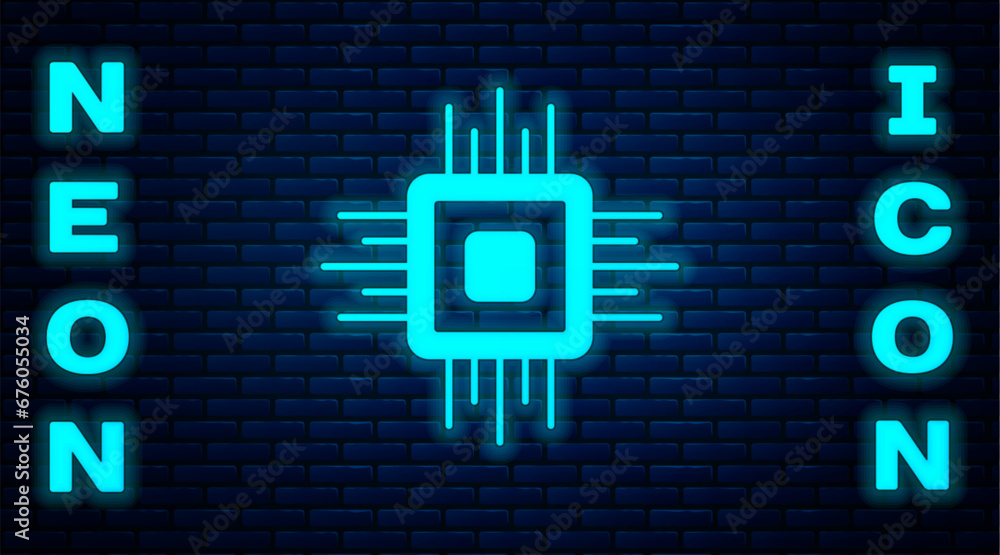 Poster glowing neon computer processor with microcircuits cpu icon isolated on brick wall background. chip 