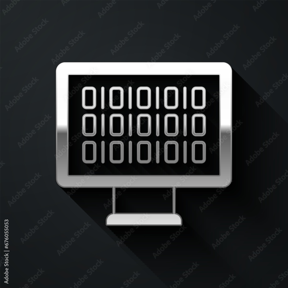 Poster silver binary code icon isolated on black background. long shadow style. vector