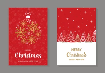 Gardinen Collection of Christmas cards with tree and snowflakes. Vector illustration © One Pixel Studio