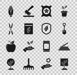 Set Tree, Garden hose or fire hose, Shovel, Pack full of seeds of plant, Gardening handmade scissors, Corn and Shield with leaf icon. Vector