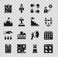 Set Browser files, Calendar, Project team base, Stage stand or tribune, Mountains with flag, Planning strategy concept and Stair finish icon. Vector