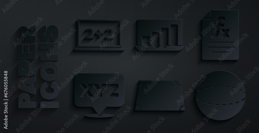 Poster set acute trapezoid shape, function mathematical symbol, xyz coordinate system, geometric figure sph