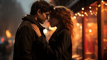 a couple in love saying goodbye in the evening street