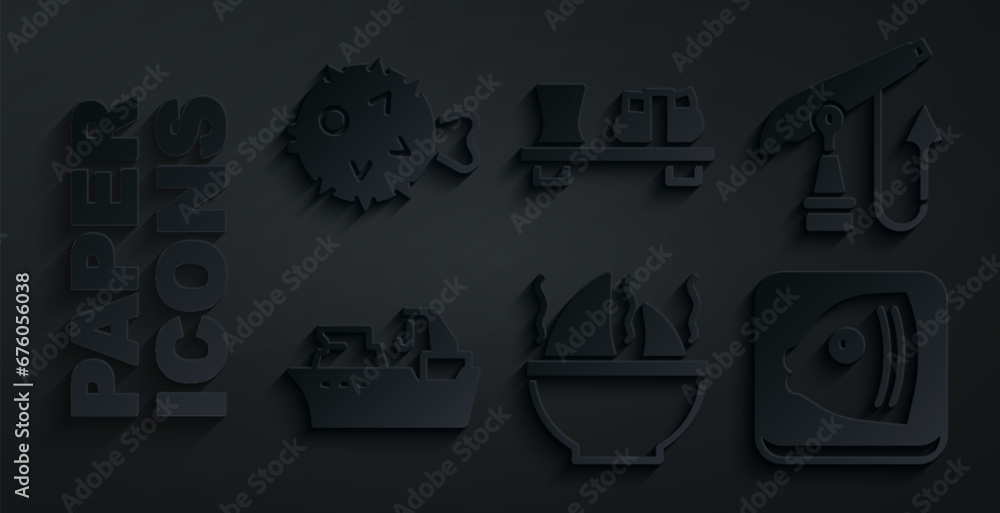 Poster Set Shark fin soup, Fishing harpoon, boat, head, Sushi cutting board and hedgehog icon. Vector