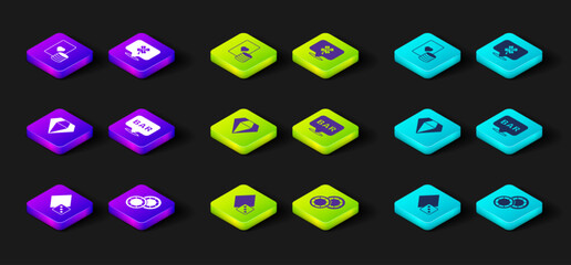 Set Game dice, Casino chips, Diamond, Alcohol bar location, slot machine with clover and and playing cards icon. Vector