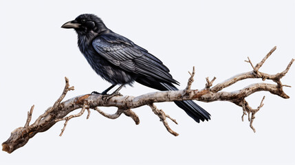 portrait of a raven on a branch, isolated on transparent background