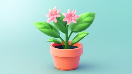 Naklejka na ściany i meble Plant in a pot, flowering, with leaves. Concept of gardening. 3d vector symbol. Minimalist cartoon aesthetic