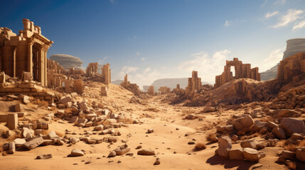 Enchanted Desert Ruins In Warm Sand. Fantastical Desert Ruins Wallpaper And Background. Ancient Old Desert Ruins Landscape. Generative AI - obrazy, fototapety, plakaty