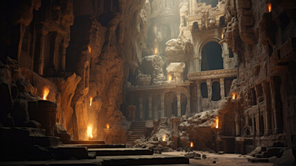 Naklejka premium Enchanted Desert Ruins In Warm Sand. Fantastical Desert Ruins Wallpaper And Background. Ancient Old Desert Ruins Landscape. Generative AI