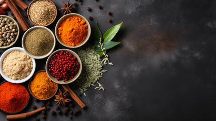 Top view of Herbal Spices on table, cooking ingredients with copy space, Food background
