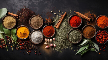 Top view of Herbal Spices on table, cooking ingredients with copy space, Food background