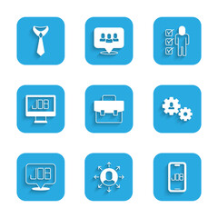 Set Briefcase, Multitasking manager working, Search job, Human with gear, Resume and Tie icon. Vector