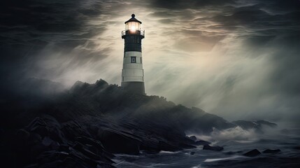  a lighthouse sitting on top of a rocky cliff in the middle of a body of water under a cloudy sky.  generative ai - obrazy, fototapety, plakaty