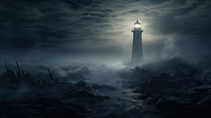  a lighthouse in the middle of a dark sea with a full moon in the sky above it and a trail leading to it.  generative ai - obrazy, fototapety, plakaty