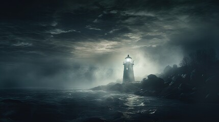  a lighthouse sitting on top of a rocky cliff in the middle of a body of water under a cloudy sky.  generative ai