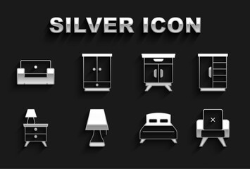 Set Table lamp, Wardrobe, Armchair, Big bed, Nightstand with, Furniture nightstand, and icon. Vector