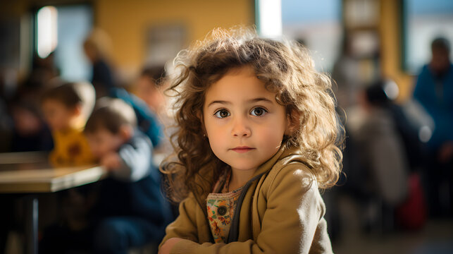 Ni&ntilde;a latina en aula escolar con cabello  rizado sonriente en escuela kinder  3 a&ntilde;os preescolar, sonriente