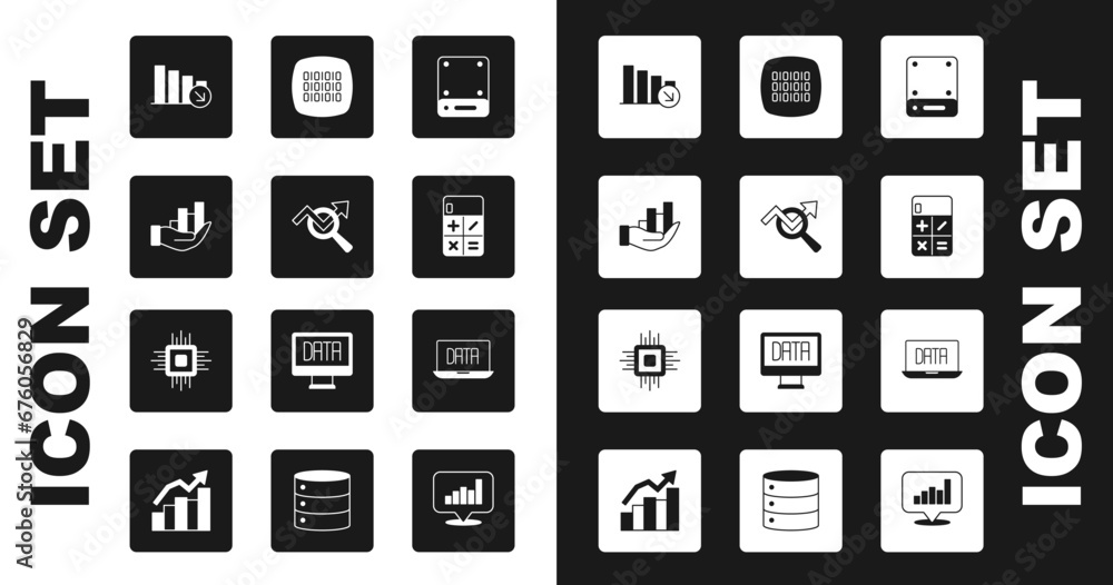 Poster set server, search data analysis, pie chart infographic, financial growth decrease, calculator, bina