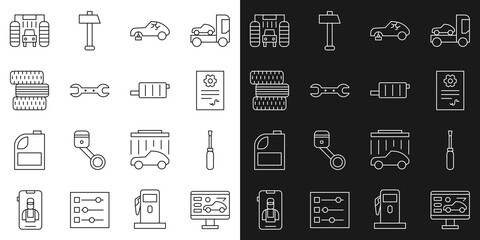 Set line Diagnostics condition of car, Screwdriver, Auto service check automotive, Broken, Wrench spanner, Car tire wheel, wash and muffler icon. Vector
