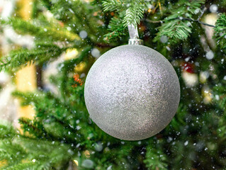 Silver ball on a Christmas tree branch