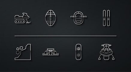 Set line Snowmobile, Landslide, Ski sticks, Snowboard, Formula 1 racing car, Rugby ball, and Rafting boat icon. Vector