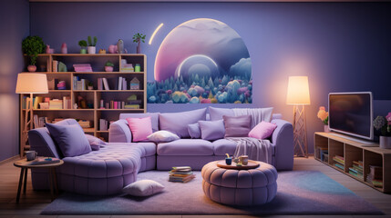 Interior design inviting educational area, Comfortable Sofa, Stylish engaging playroom - obrazy, fototapety, plakaty