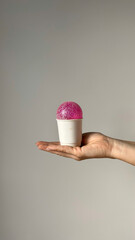 A woman is holding a white paper cup with Christmas balls like ice cream in her hands. New Year layout concept.