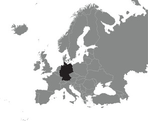 Black CMYK national map of GERMANY inside detailed gray blank political map of European continent on transparent background using Mercator projection