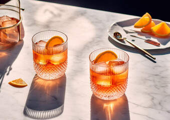 Glasses of spritz cocktail with ice and orange slices on hot summer day bar table.Macro.AI Generative