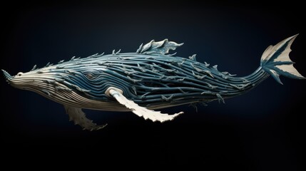  a sculpture of a humpback whale in blue and white, on a black background with a black background.  generative ai